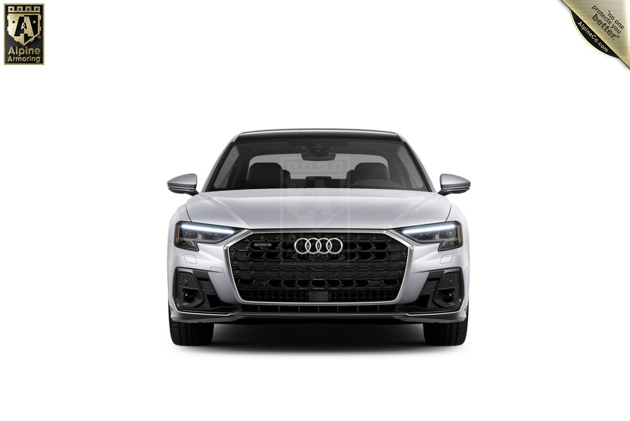 Front view of a silver Audi A8 car against a white background, showing the front grille and headlights.