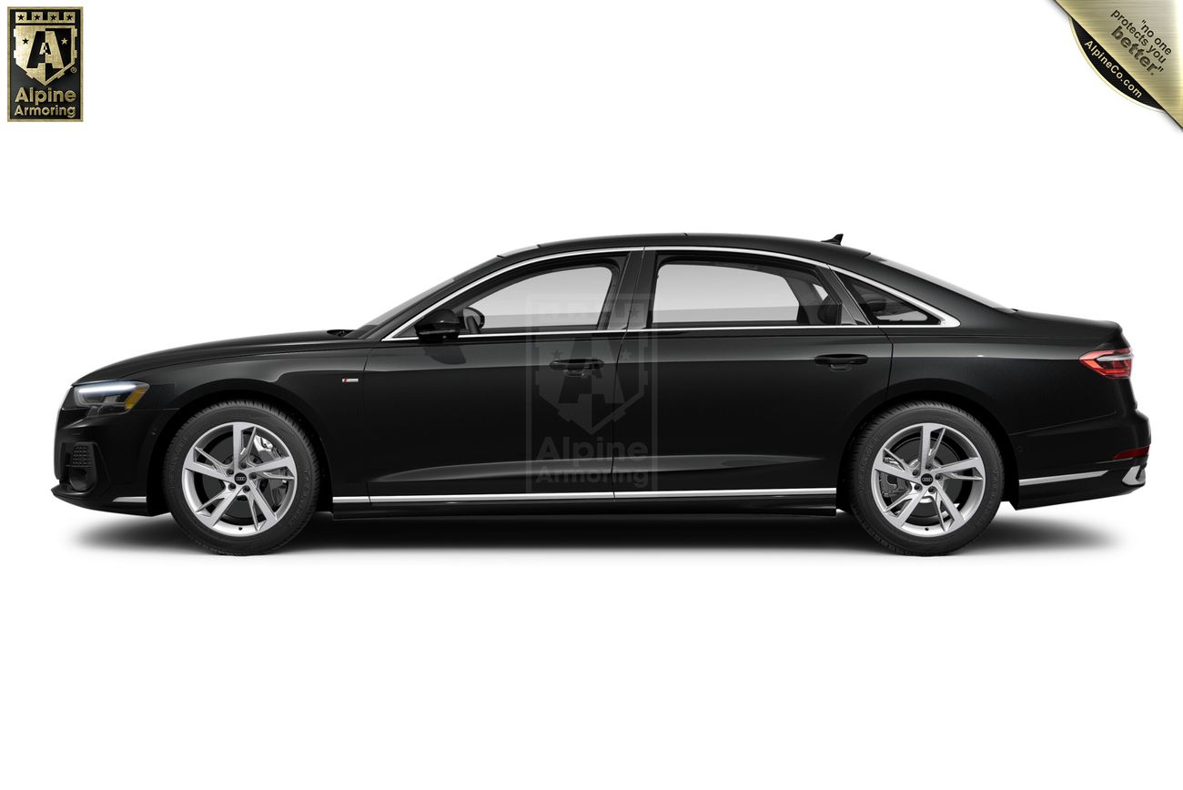 Side view of a black luxury A8  sedan with Alpine Armoring logo and top choice badge at the top corners.