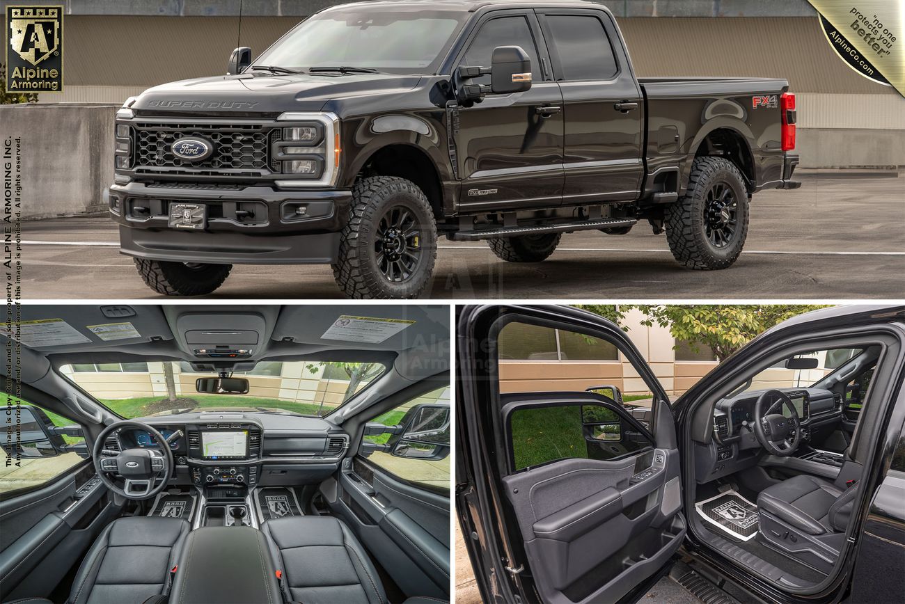 A black Ford Lighning truck is shown from the front and side outside. Interiors of the vehicle, including the dashboard and backseat, are displayed in additional images.