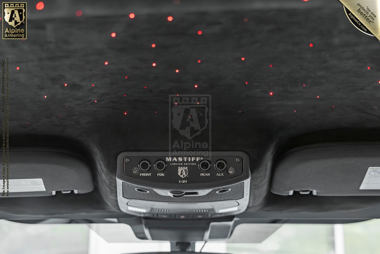 Interior roof of a Mastiff featuring a control panel with several buttons and a starry light pattern created by red LEDs. Alpine branding and "Mastiff" label are visible on the control panel.