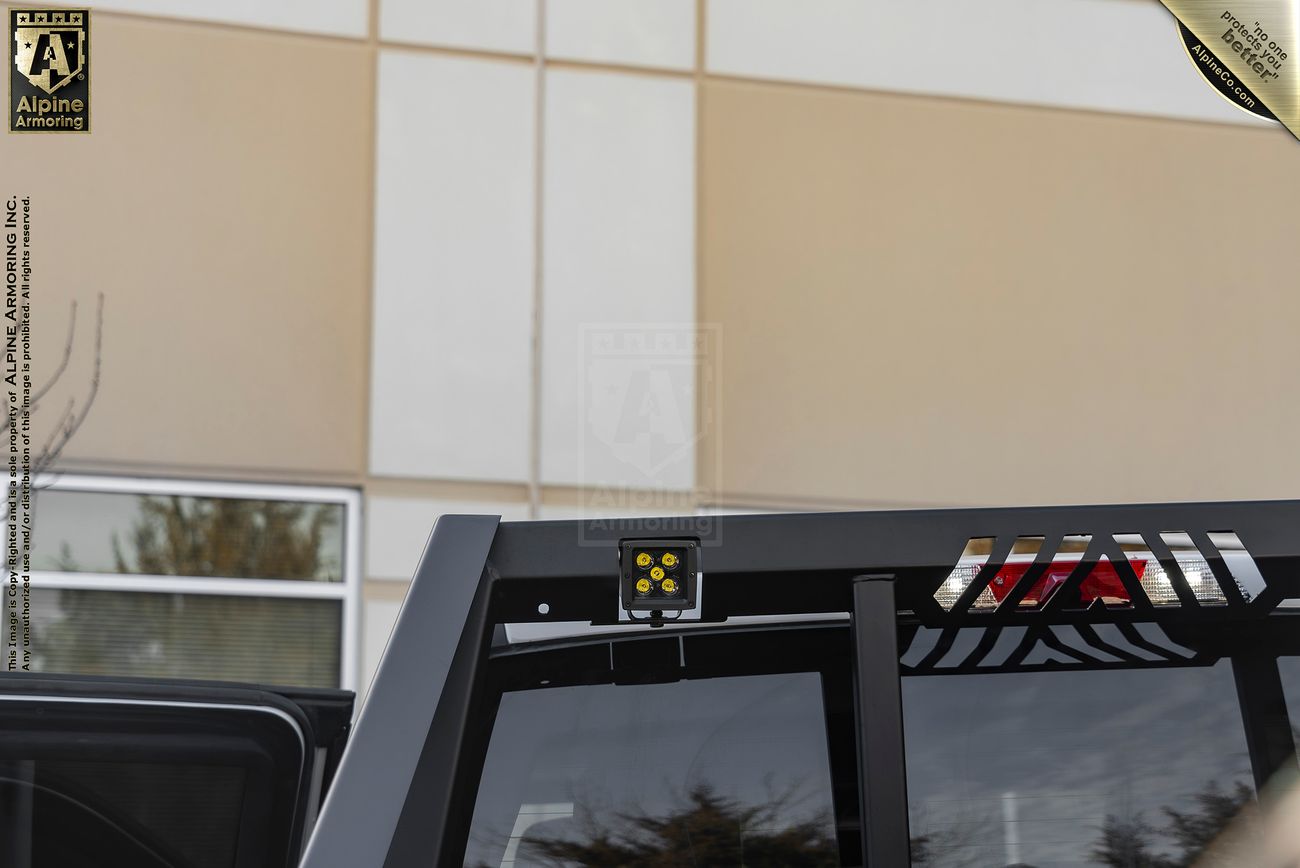 Close-up of a Mastiff's rear bed with a small mounted camera. The background shows a beige and white building. 