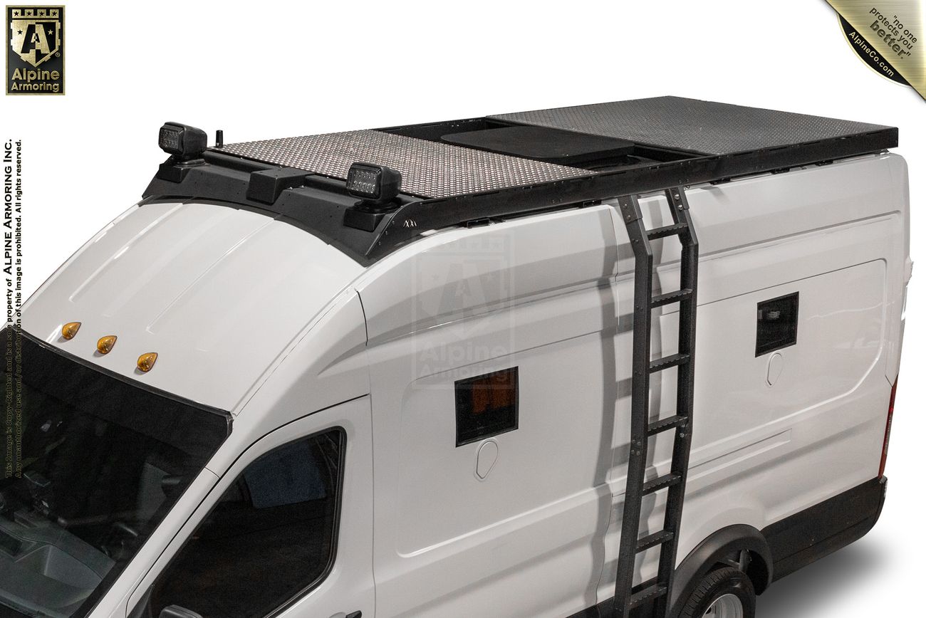 White Pointer van with a black roof rack, side ladder, and side windows.
