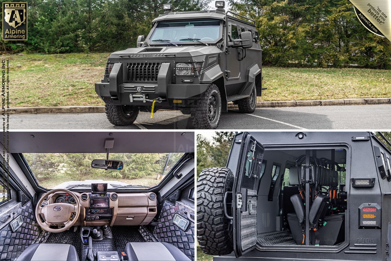 Three images of a black CUDA: the exterior, the front interior showcasing the dashboard, and the rear interior with seating and equipment storage. The vehicle is parked near greenery.