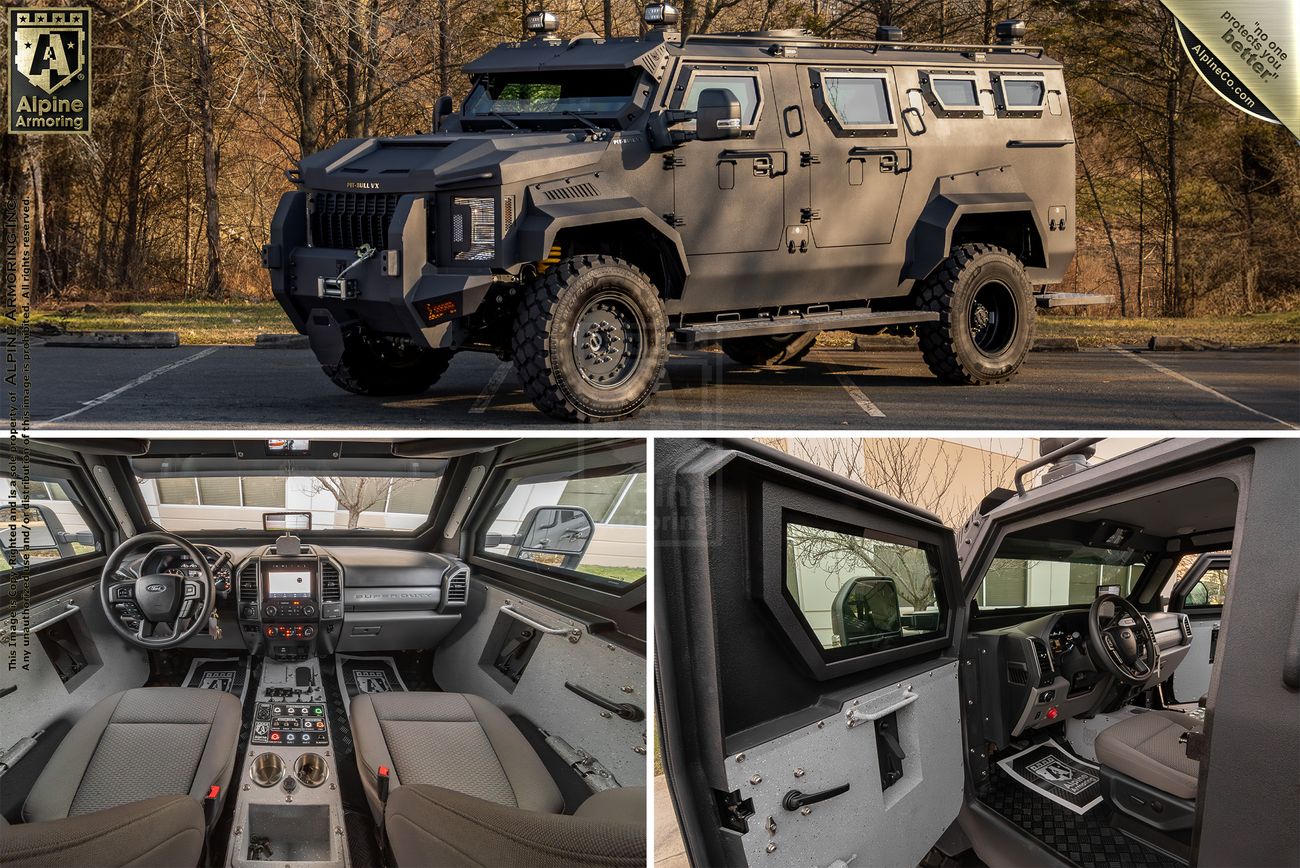 A heavily armored Pit-Bull VX 50 cal vehicle is displayed in an outdoor setting in the top image, with detailed interior shots of the driver’s cockpit and rear compartment in the bottom images.