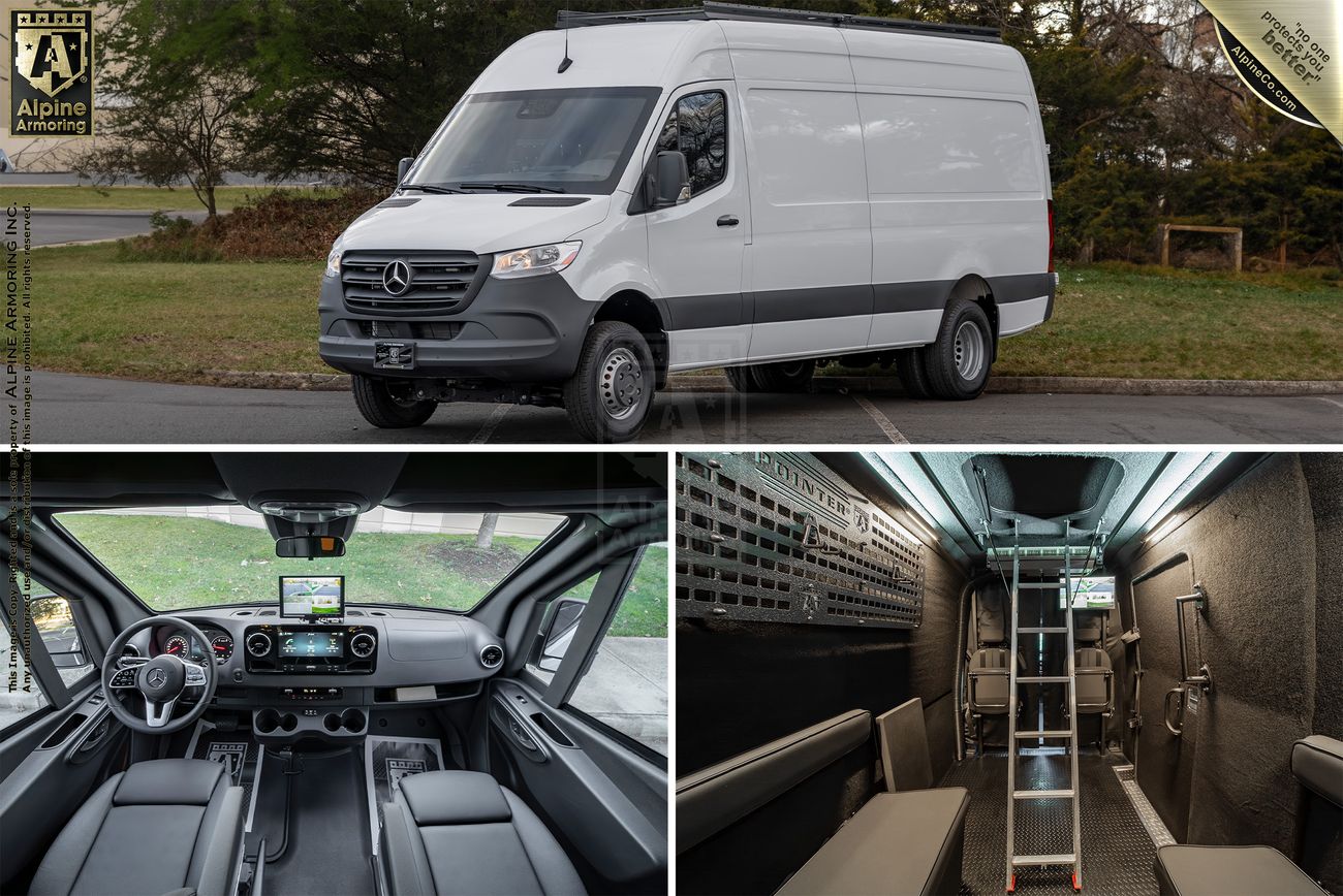 A white Mercedes-Benz Sprinter van is parked on a road. The images below show the interior, including the driver's cockpit and a spacious, well-equipped storage area with a ladder and shelves.