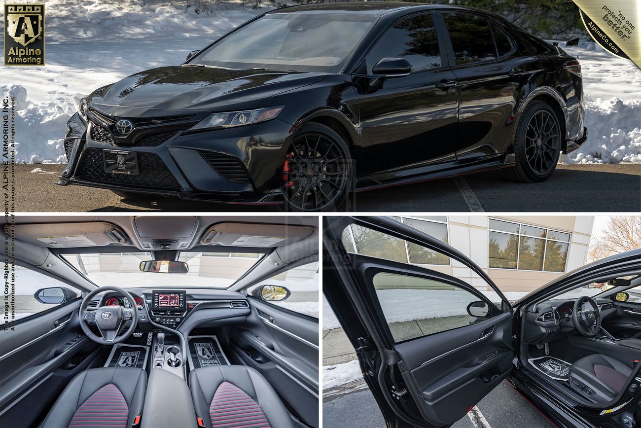 A three-image collage showing a black armored Toyota Camry TRD sedan  from exterior and interior perspectives. The top image displays the car’s front, the bottom left shows the dashboard, and the bottom right shows the backseat.