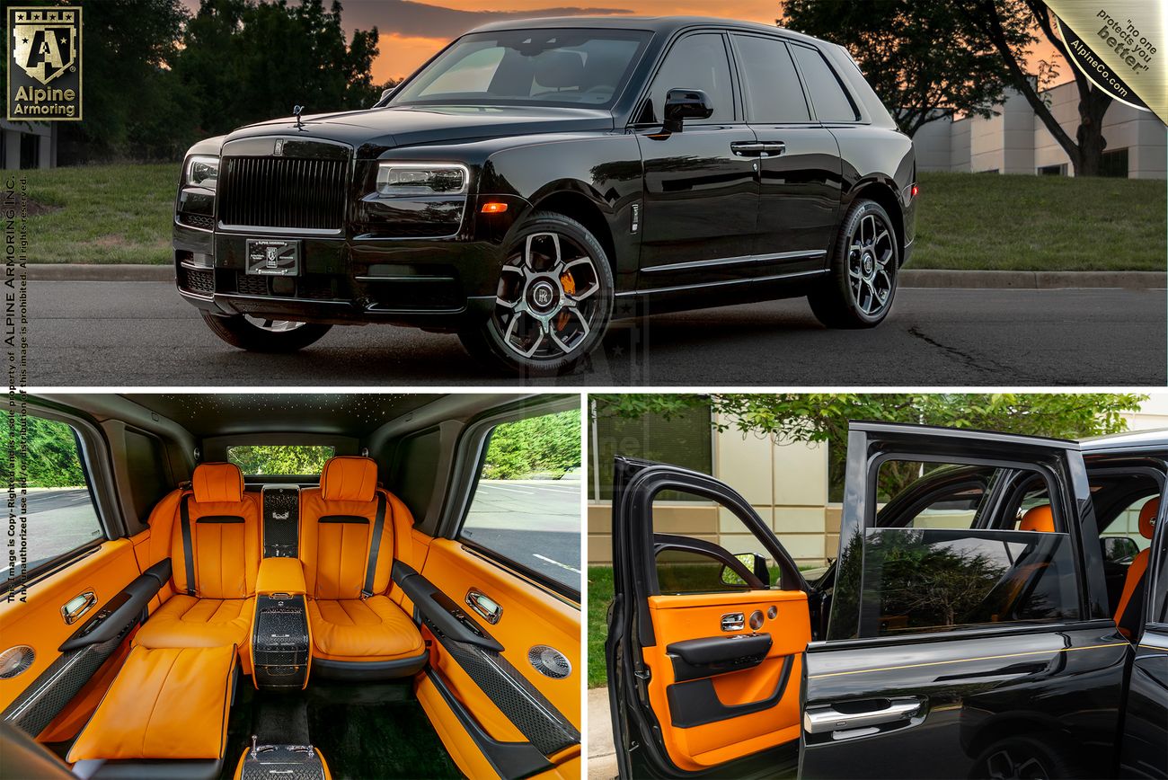 A black armored Rolls-Royce Cullinan SUV is shown from the front and side exterior view, with close-up images of its orange leather interior and open door.