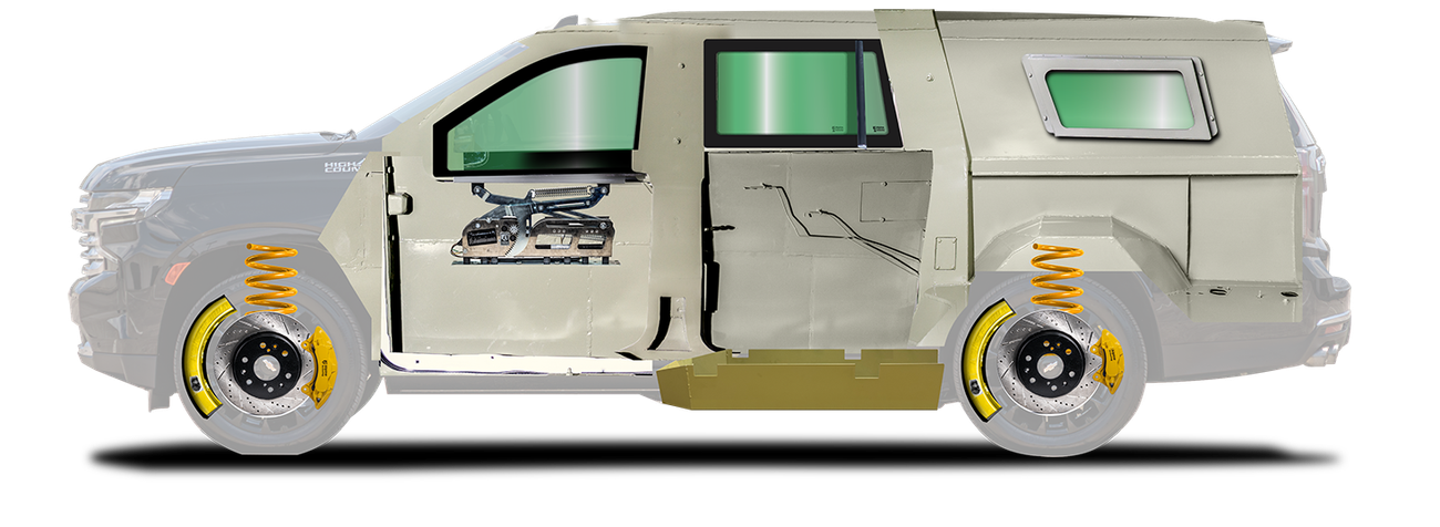 CAD rendering of gray Armored Chevrolet Suburban LT taken from the driver side.