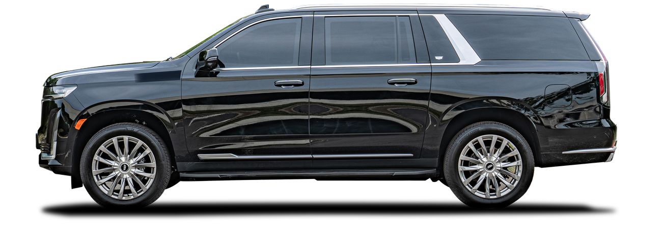 Image of a black Cadillac Escalade taken from the driver side.