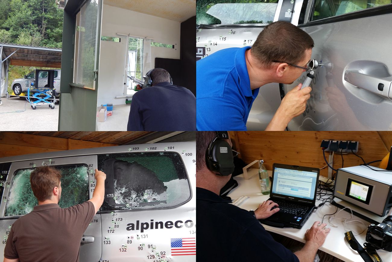 Technicians installing ballistic glass, armoring door locks, and testing protective systems on Alpine Armoring armored vehicles.