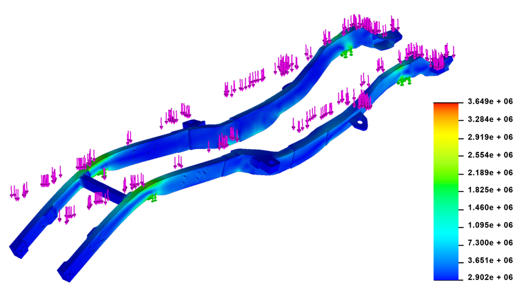 3D simulation model with color-coded stress distribution on two structural beams. Pink vectors indicate direction and magnitude of forces. Color scale on the right denotes varying stress levels.