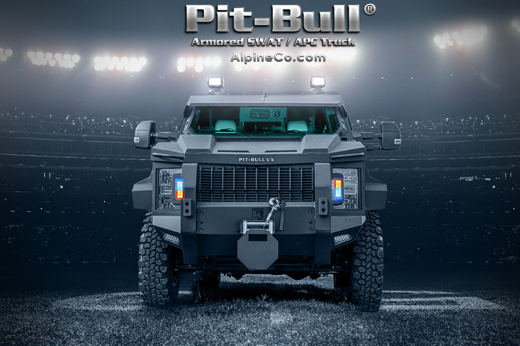 Pit-Bull armored SWAT/APC truck with reinforced front grille and tactical lighting