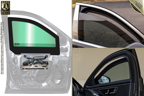 Alpine auto window anatomy and installation depicted through technical illustrations and photos of car windows, showcasing different angles and internal mechanisms.