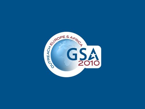 Logo for GSA 2010 Outreach Europe &amp; Africa, featuring a globe with Europe and Africa continents, surrounded by text on a blue background.