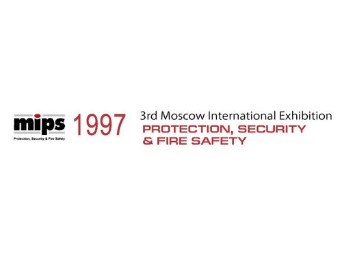 Logo of the 3rd Moscow International Exhibition for Protection, Security &amp; Fire Safety held in 1997. The "mips" logo, accompanied by the event's details, features prominently on a white background with text in black and red.
