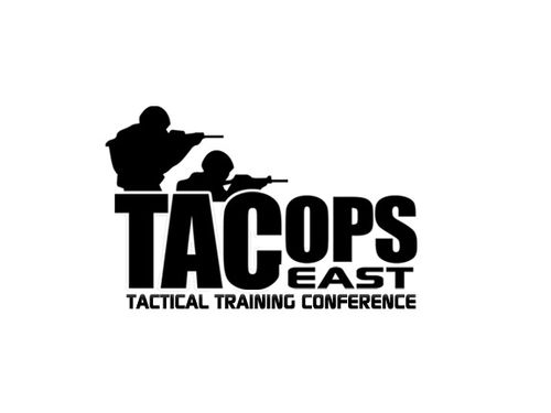 Black and white logo with two silhouettes of armed soldiers aiming rifles above the text "TACOPS EAST TACTICAL TRAINING CONFERENCE".