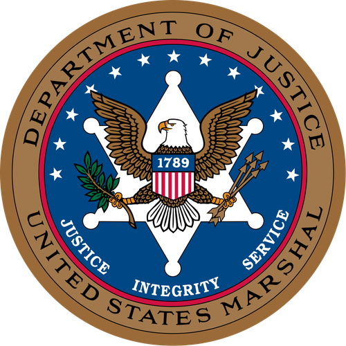 Seal of the Department of Justice, United States Marshals, featuring an eagle, shield, arrows, olive branch, and the words "Justice, Integrity, Service.