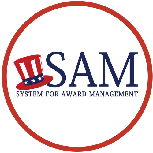 Logo for the System for Award Management (SAM) featuring "SAM" in large blue letters, with a red, white, and blue Uncle Sam hat next to it, and the words "System for Award Management" underneath.