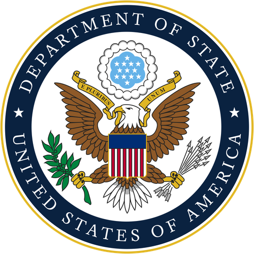 Seal of the United States Department of State featuring a bald eagle holding an olive branch and arrows, with a blue shield and stars, surrounded by text "Department of State, United States of America.