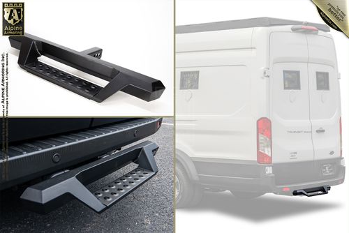 Image collage featuring two close-ups and one installed view of a rugged black step bumper designed for a white van. Manufacturer's logo, Alpine Armoring Inc., displayed in the bottom left corner.