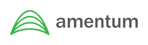 "Amentum company logo featuring green curved arc symbol and gray amentum text